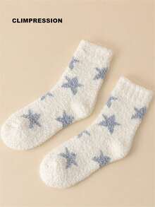 CLIMPRESSION 1/3/5 paires de chaussettes mi-mollet pour femmes, motif étoile, en polaire corail moelleux, douces, chaudes et confortables, pour l'automne/l'hiver, à porter à la maison et pour dormir - Blanc - Voir 7