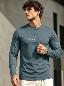 3pcs Men's Crew Neck Long Sleeve T-Shirts, Paris Graphic Print Casual Basic Style Autumn Daily Wear Tops - Multicolor - View 4