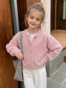 Girls Elegant Solid Color Cardigan Sweater Short Jacket Suitable For Casual Vacation Spring Autumn Winter - Pink - View 1