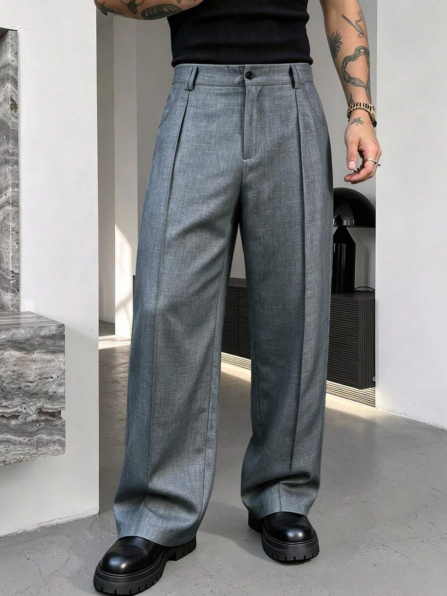 Men's Spring/Autumn Loose Wide Leg Casual Dress Pants, Straight Leg Trousers For Daily Commute, Minimalist Versatile Long Pants - Grey - View 1