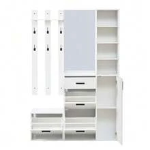 Hall Tree For Entryway, Including Shoe Cabinet, Mirror And Coat Hooks, Multifunctional Shoe Cabinet, Wall-Mounted Wardrobe With Shelves, For Hallway Entryway, White - White - View 7
