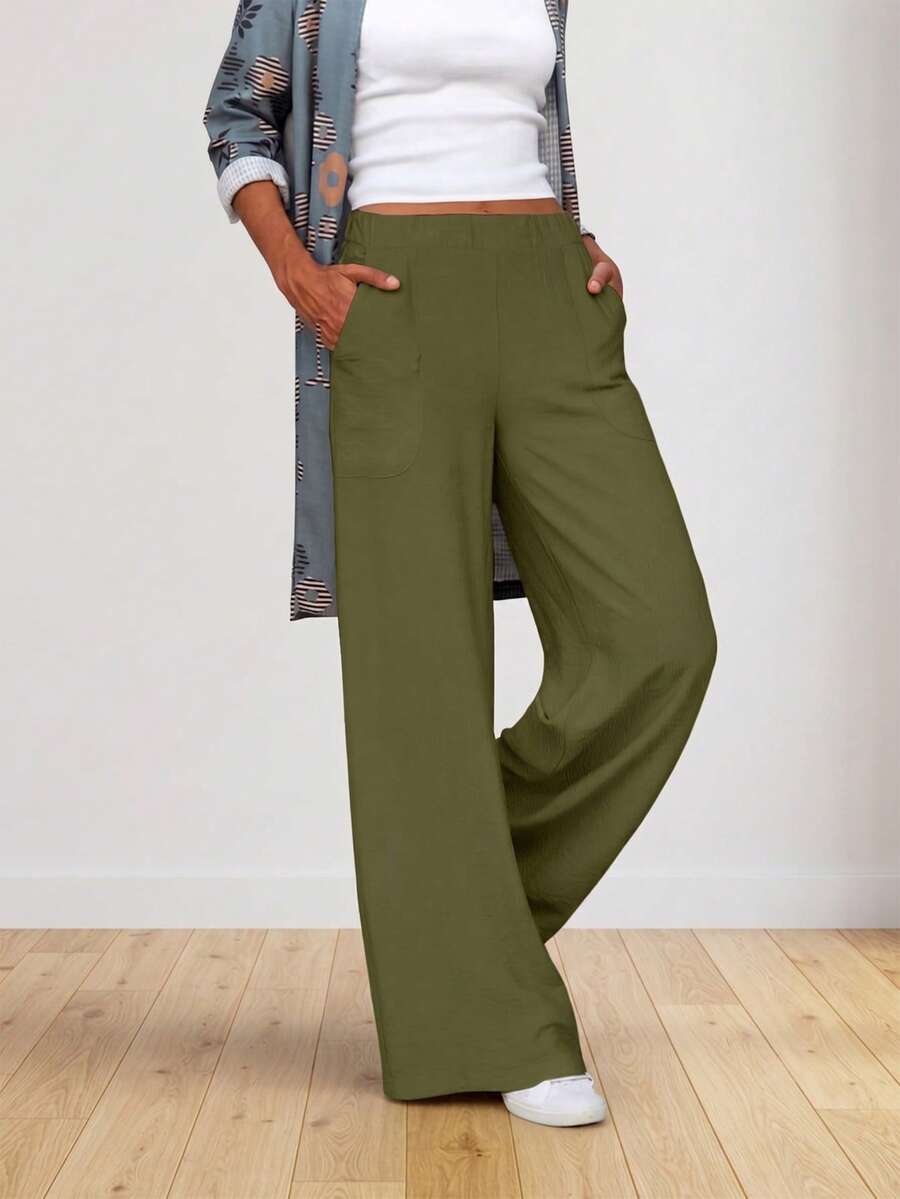 Women's Straight Loose Solid Color Casual Pants With Slant Pockets - Army Green - View 1