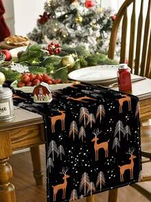 1件聖誕鹿系列圖案印花桌旗，4件聖誕圖案印花餐墊，適用於節日、派對、生日、晚餐、廚房餐桌裝飾，四季通用室內裝飾，家居紡織裝飾桌旗 - 彩色 - 查看 1
