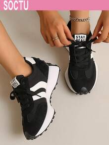 Sepatu Sneakers Platform Nyaman untuk Pelajar, Kasual, Nyaman, Bertali, Ujung Bulat, untuk Wanita - Hitam - View 4