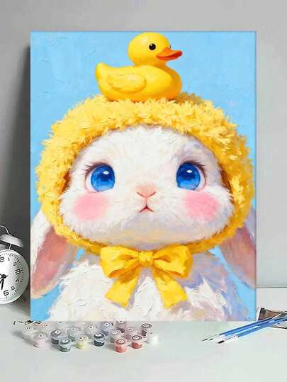Lindo Conejo con Sombrero de Pato Pintura al Óleo DIY por Números Artesanía de Pintura Decoración del Hogar para Adultos 8x12/16x20 pulgadas Regalos de Vacaciones Arte de Pared Personalizado sin Marco Decoración de Lienzo Pintura para Pasatiempos Creativos Relajantes