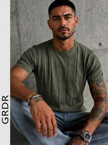 GRDR Men's Thin Summer Knit Sweater Solid Color Ribbed Short Sleeve, Sports Casual, Suitable For Outdoor Sports - Army Green - View 3
