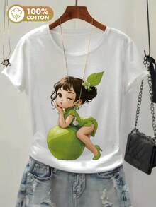 Women's Round Neck Short Sleeve Graphic Tee, Casual Top Suitable For Spring, Summer And Autumn Outfits - 白色 - 查看 10