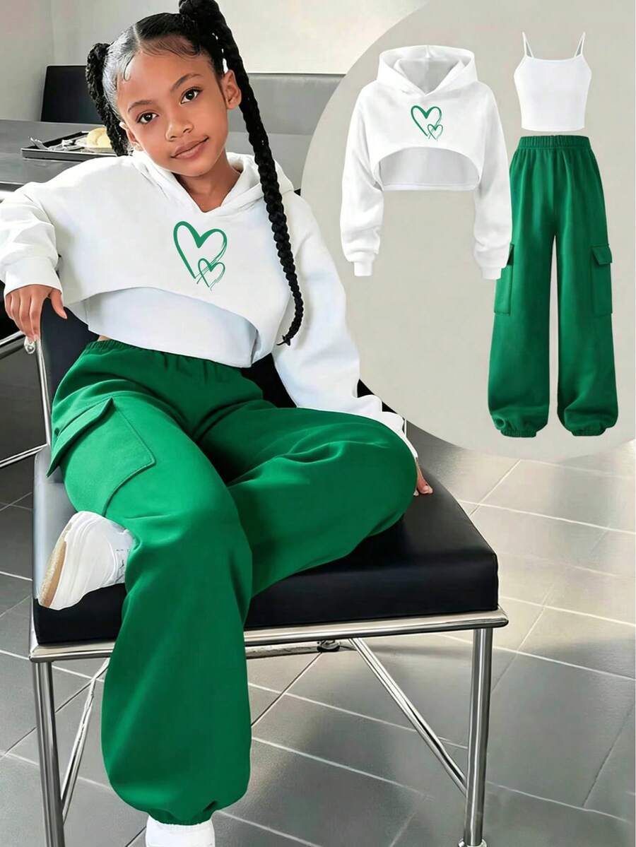 Setelan 3 Potong Kasual Anak Perempuan: Hoodie Longgar Motif Hati, Camisole Rajut, dan Celana Kargo Rajut Hijau, Cocok untuk Musim Semi, Gugur, dan Dingin - Hijau - View 1
