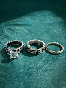 3pcs Women's Ring Set, Silver Copper, Square Carved Stackable CZ Inlaid, Vintage Elegant Rings, Daily Commute Holiday Gift - Silver - View 1