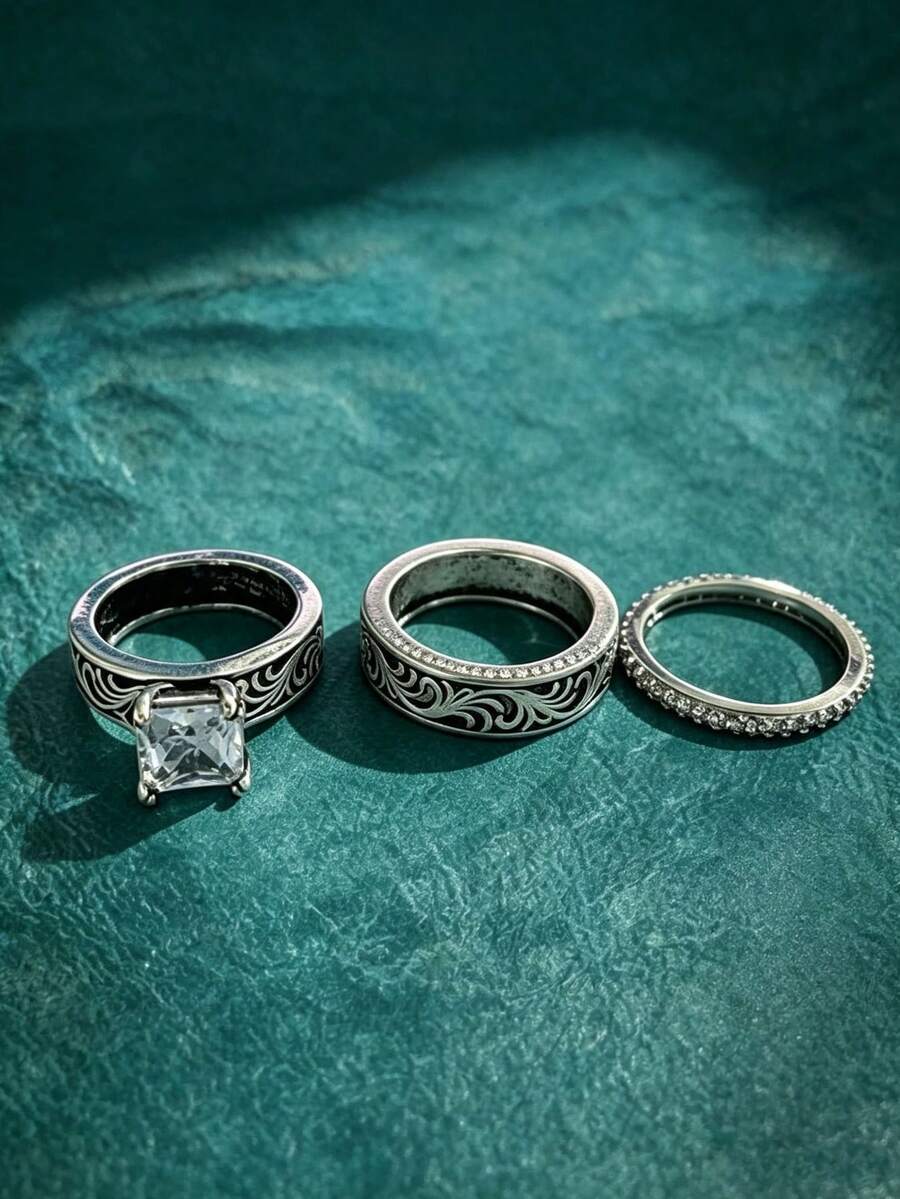 3pcs Women's Ring Set, Silver Copper, Square Carved Stackable CZ Inlaid, Vintage Elegant Rings, Daily Commute Holiday Gift - Silver - View 1