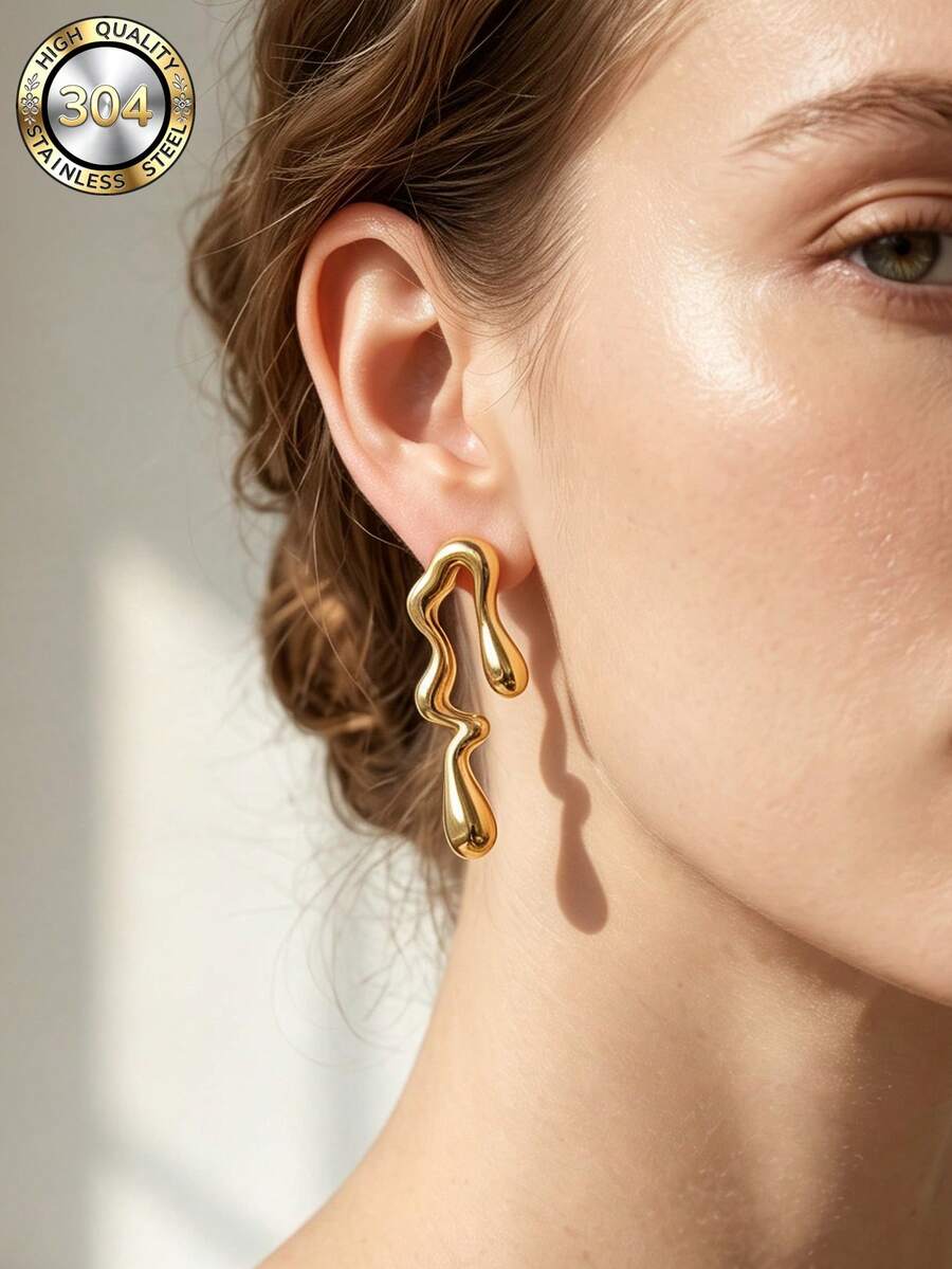 Minimalist Abstract Fluid Sculpture Earrings, Metal Molten Drip Curved Water Drop Style Unique Jewelry - Multicolor - View 1