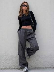 Street Style Multi-Pocket Striped Decor Wide Leg Cargo Pants With Drawstring Elastic Waist Casual Long Pants - Dark Grey - View 5