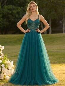 Women's Elegant Mesh Patchwork Cinched Waist Evening Party Dress - Dark Green - View 4