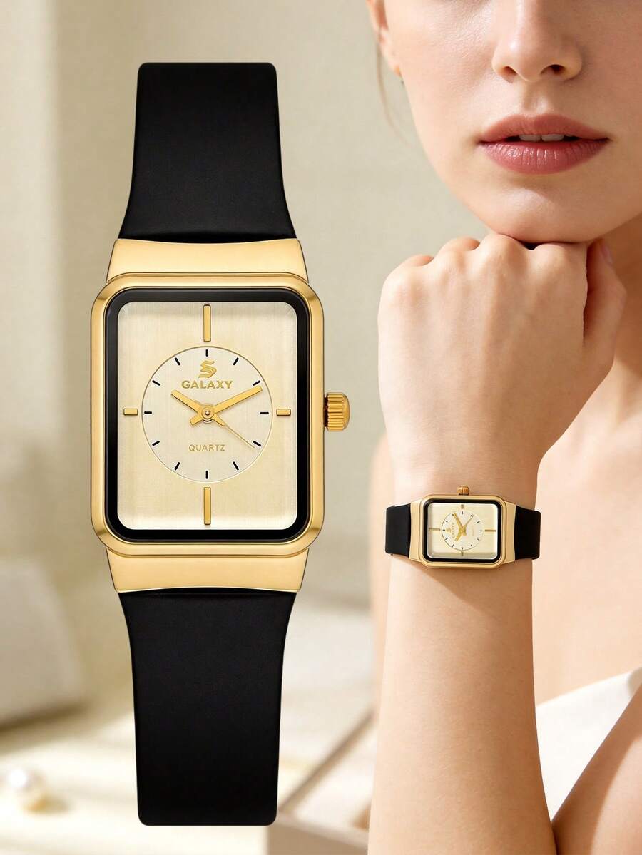 1件裝奢華極簡正方形金色錶盤女款石英手錶,金色合金錶殼,黑色矽膠錶帶,時尚辦公風女式腕錶 - 金色 - 查看 1