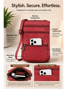 Women's Genuine Leather Crossbody Bag, Adjustable Shoulder Purse, Lightweight Travel Handbag For Work, Shopping & Daily Use - 紅色 - 查看 2