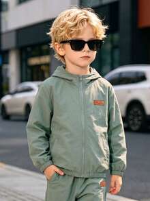 Boys' Spring/Autumn 2 Pieces Set, Solid Color Small Leather Label Zipper Cardigan Jacket With Matching Color Cuffed Long Pants, Suitable For Campus And Outdoor Multi-Scenario Wear - Green - View 6