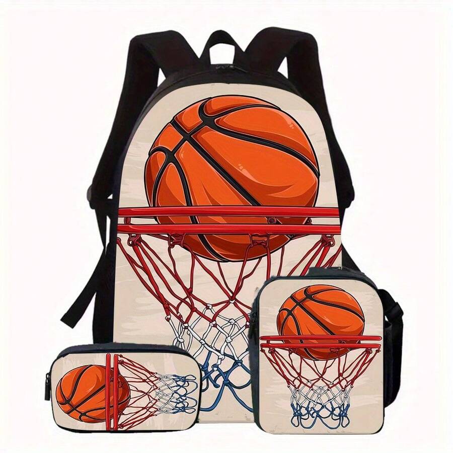 Basketball-Rucksack 3-teilig, inklusive Rucksack, Lunchbox und Federmäppchen, geeignet für den täglichen Schulgebrauch, Bergsteigen und Outdoor-Sportarten. - 3-teiliges Set - Übersicht 1
