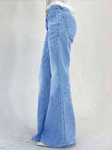 Jeans de cintura alta ajustados con bolsillos y pierna acampanada para adolescentes - Azul - Ver 2