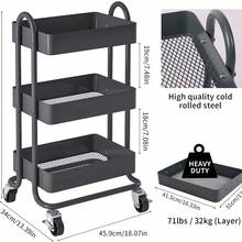 Multipurpose Kitchen Storage Cart With Wheels, Black (Includes 3 Hanging Baskets And 4 Hooks) - Black - View 3