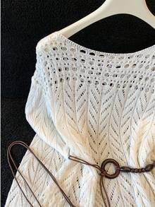 Sweater Rajut Putih Wanita, Lengan Reguler, Leher Bulat, Atasan Semi-Transparan, Sempurna untuk Musim Panas, Pantai, dan Musim Gugur - Aprikot - View 3