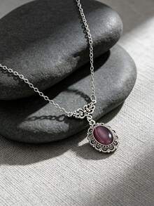 Vintage Gothic Victorian Purple Oval Crystal Pendant Necklace Silver Color Bat Pattern Chain Necklace Women Dark Aesthetic Party Witch Jewelry Gift - Pendant Necklace - View 3