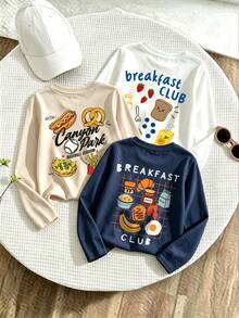 3Pcs Little Boys Casual Long Sleeve T-Shirts, Cute Breakfast Fast Food Cartoon Back Print Everyday Basic Tops - Multicolor - View 1