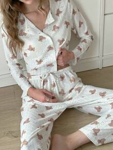 2pcs/Set Women's Bear Print Round Neck Long Sleeve Top + Elastic Waist Long Pants Pajama Set - White - View 7