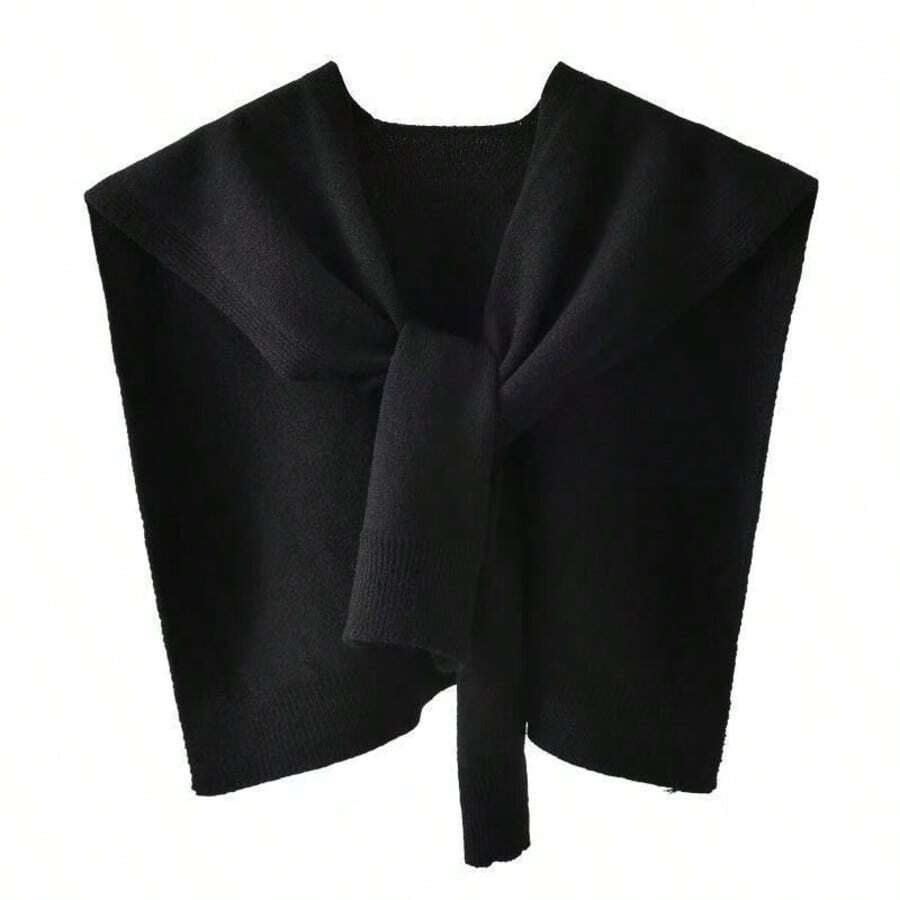 1PC Thin Spring, Summer And Autumn Fashion Air-Conditioned Room Warm Knitted Shawl, High-End Solid Color Knitted Scarf, Sun Protection Shawl, Soft Skin-Friendly Loose Long Sleeve Multi-Function Women's Shoulder Wrap, Suitable For Daily Wear And Matching School - Black - View 1