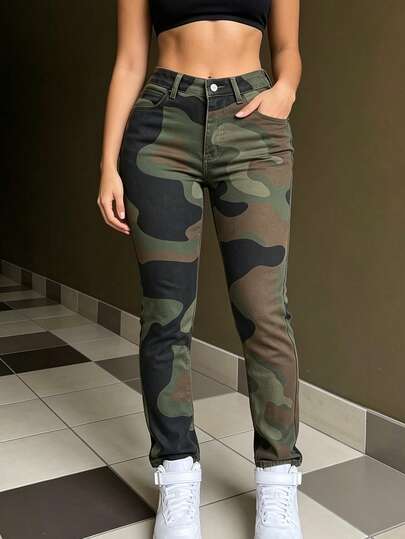 Women High Waist Stretch Camo Skinny Pants, Camouflage Print Slim Fit Denim Trousers With Classic Five-Pocket Design