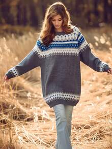 Plus Size Fair Isle Knit Sweater, Round Neck Drop Shoulder Pullover With Blue & White Geometric Pattern For Fall Winter Casual Wear - Grey - View 5