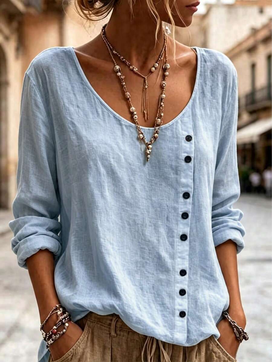 Women's Long Sleeve Round Neck Shirt, Side Button Design, Casual Woven Fabric Top, Suitable For Autumn Wear - Sky Blue - View 1
