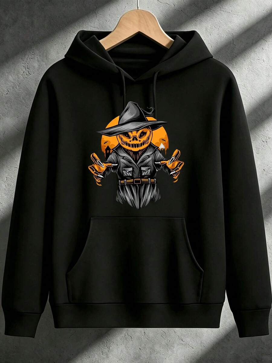 1Pack Of Halloween Men's Casual Hoodies,Printed With A Pumpkin Scarecrow Pattern,Soft And Loose,Equipped With Front And Back Pockets,Suitable For Back - 黑色 - 查看 1