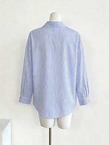 Plus Size Women's Preppy Striped Button-Down Long Sleeve Regular Fit Basic Top - Baby Blue - View 2