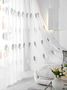 1PC British Elegant Grey & White Leaf Embroidery Sheer Curtain, White Embroidered Nordic Wooden Style Home Window Rod Pocket Translucent Decorative Sheer Curtain - Multicolor - View 5