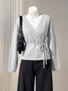 Women Wrap V Neck Tie Waist Knit Cardigan Long Sleeve Drop Shoulder Belted Open Front Sweater Coat Casual Outerwear - Grey - View 5