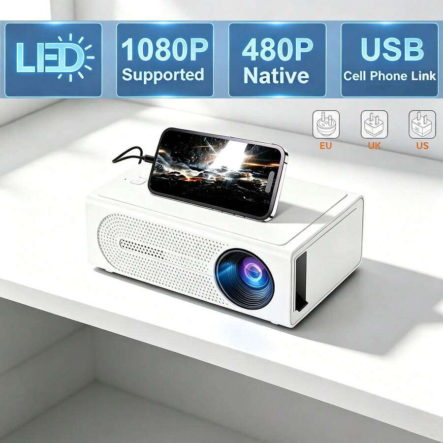 MOMAN Portable Mini LED Projector, Wired USB Phone Screen Mirroring, No WiFi Wireless Casting, Native 320*240P, 1080P Decoding, EU/UK/US Plug Optional, Suitable For Home Theater, Party, Office