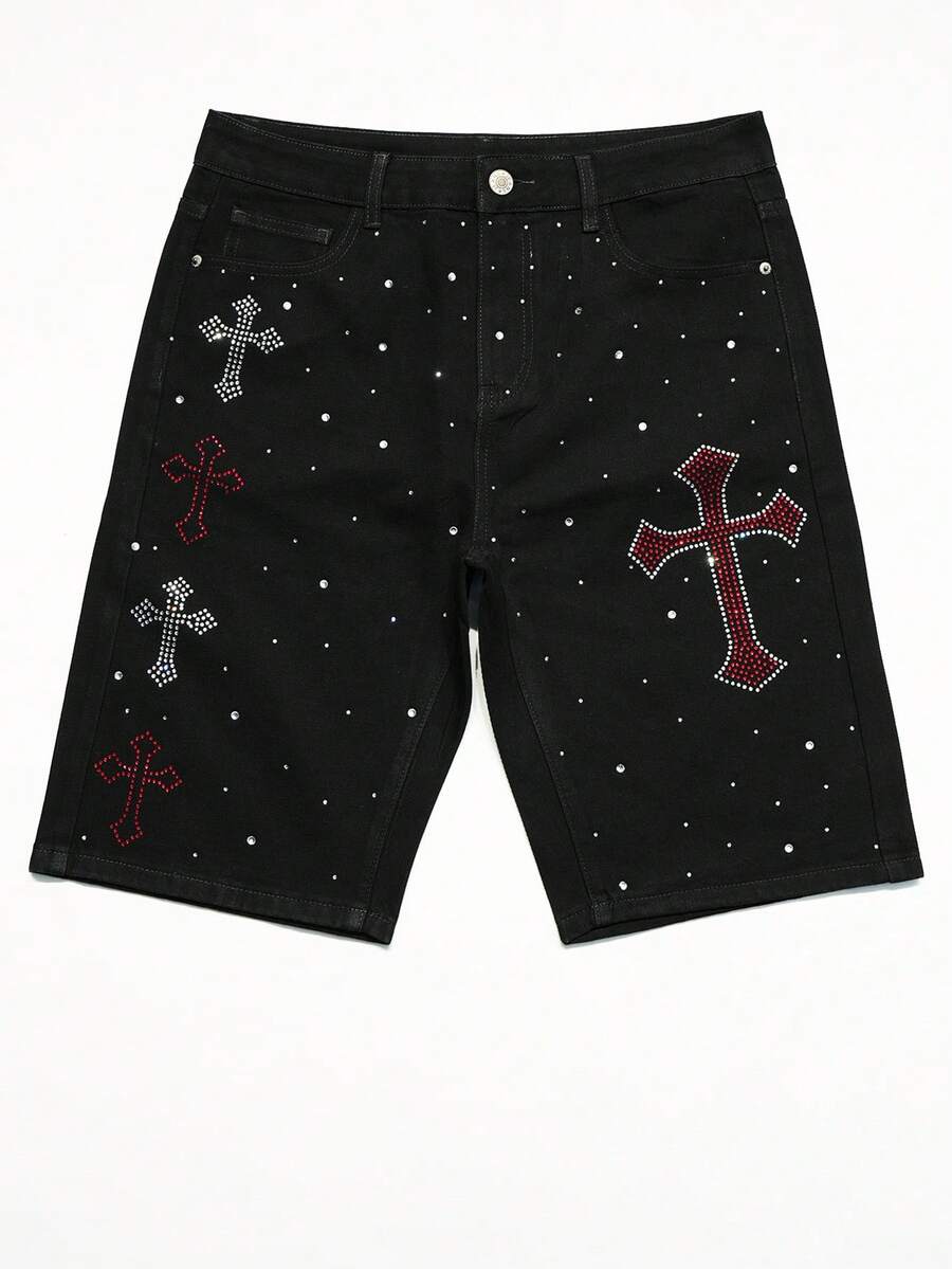Shorts de mezclilla casuales para hombre con bolsillos y strass cruzado - Negro - Ver 1