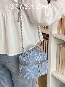 Fashionable Light Blue Diamond Hollow Handbag With Leather Top Handle And Adjustable Leather-Wrapped Metal Chain Shoulder Strap, Frayed Edge Details For Street Style, Compact Rectangular Body Fits Lipstick And Daily Essentials, Ideal For Street Looks And Casual Outings - Baby Blue - View 5