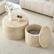 Set Of 2 Round Coffee Tables With Storage, Nesting Tables Wood-Look MDF, Approx. 62.8cm/44cm Diameter, Living Room Side Table With Removable Lid & Hollow Space - Wood - View 1