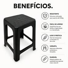 Kit 4 Banquetas Plástica Quadrada Reforçada 150kg Antiderrapante Banquinho Cozinha Área Externa Bar - Preto - Visão 5