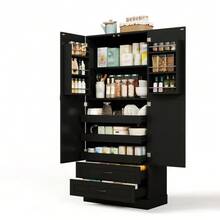 Kitchen Cabinet With 3 Pull-Out Shelves, Drawers, And Double-Door Tall Cabinet With Door Shelves For Kitchen, Dining Room & Living Room - 黑色 - 查看 8