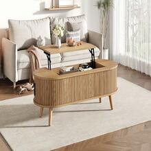Lift Up Oval Coffee Table With Hidden Storage, Centre Table, Lifting Sofa Side Table, Space-Saving End Table For Living Room Bedroom, Reception, Tea Table, 120 X 50 X 39.5cm, Natural Wood - Multicolor - View 2