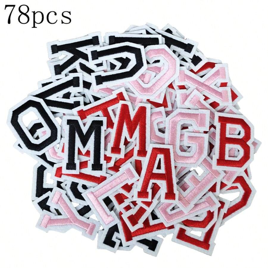 78 pièces Patchs en tissu brodés de lettres multicolores, Appliques décoratives à repasser pour vêtements, chaussures, chapeaux, tissu de lettres rouge noir rose, accessoires de veste en jean, sac à dos DIY - 78 lettres - Voir 1
