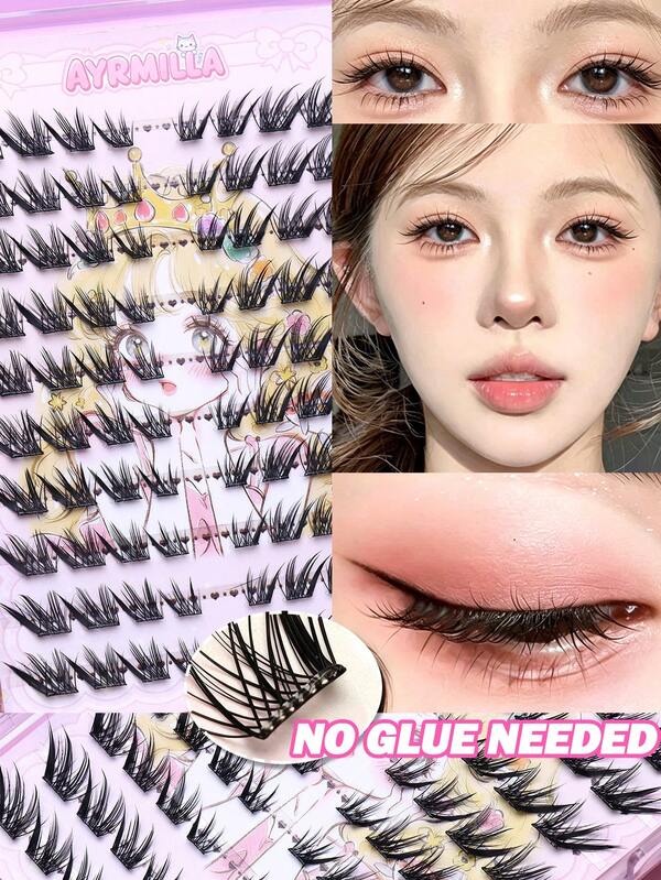 Self Stick Cluster Eyelashes No Glue Required, Ayrmilla Reusable Natural Spiky Individual Lashes, Beginner Friendly Glueless False Lash Segments