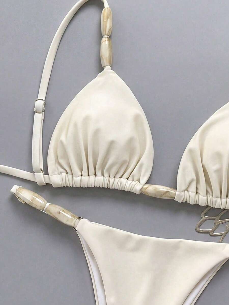 Bikinx 優雅女款細肩帶比基尼套裝,飾有珠飾細節與側綁式泳褲,高彈力露背泳裝,適合夏季度假海灘 - 米色 - 查看 1