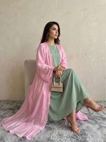 Hafizah Middle Eastern Modest Women Abaya Dress, Dubai Outerwear Cardigan Robe, Shiny Fabric, - Berwarna merah muda - View 2