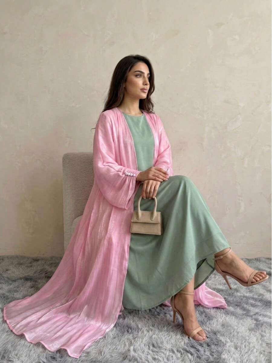 Hafizah Middle Eastern Modest Women Abaya Dress, Dubai Outerwear Cardigan Robe, Shiny Fabric,
