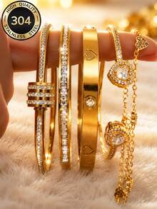 Znice Fashion Stainless Steel + Copper 18K Gold Plated Women's Shiny Square Zirconia Bracelet Paired With Gold Heart Copper Full Rhinestone Open Bracelet Set, Suitable For Women's Daily Wear, Holiday Gift Giving, Fashionable Women's Bracelet Set - Gold - View 11