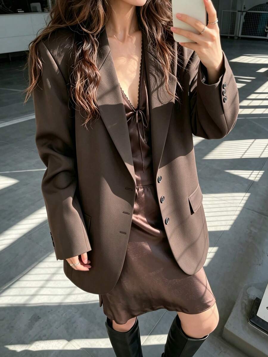Women's Autumn/Winter Daily Light Commute Oversized Padded Shoulder Mid-Length Single-Breasted Long Sleeve Blazer With Lining - Brown - View 1