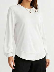 Women's Autumn/Winter Curved Hem Small Waffle Texture Elastic Sweatshirt, Suitable For Outdoor Leisure Sports Running Hiking Cycling, Daily Commute College Style Long Sleeve Top - White - View 1